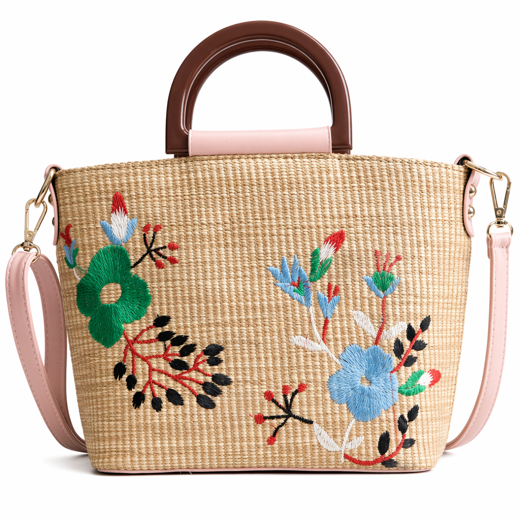 Straw Crossbody Bag with Beautiful Embroidery Pink