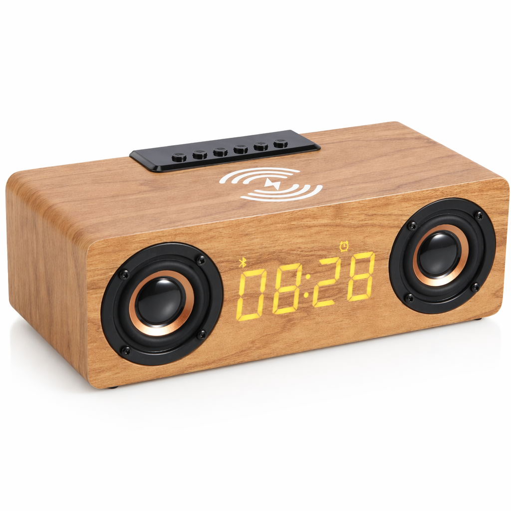 Retro-inspired Wooden Alarm Clock Radio with Wireless Charging and Bluetooth Speaker Wood