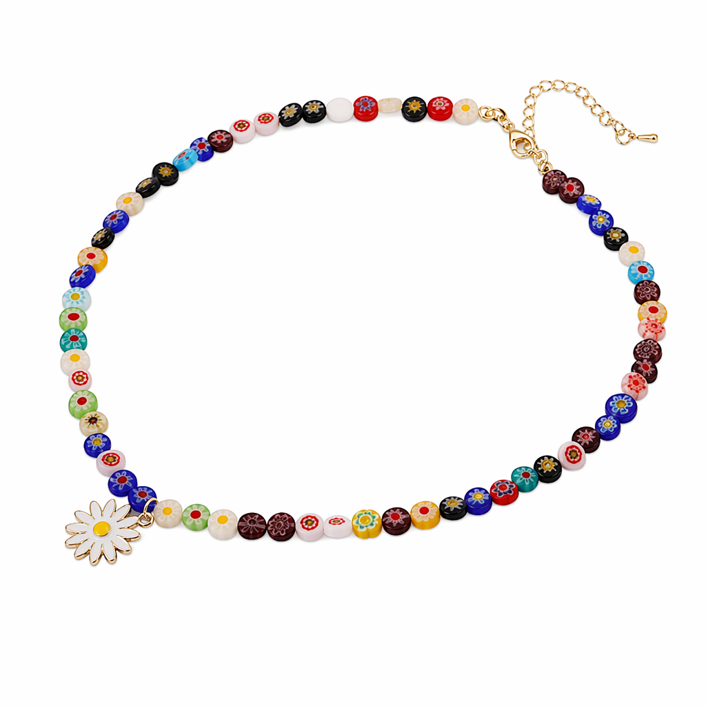 Rainbow Beaded Necklace with Daisy Pendant for Women Default