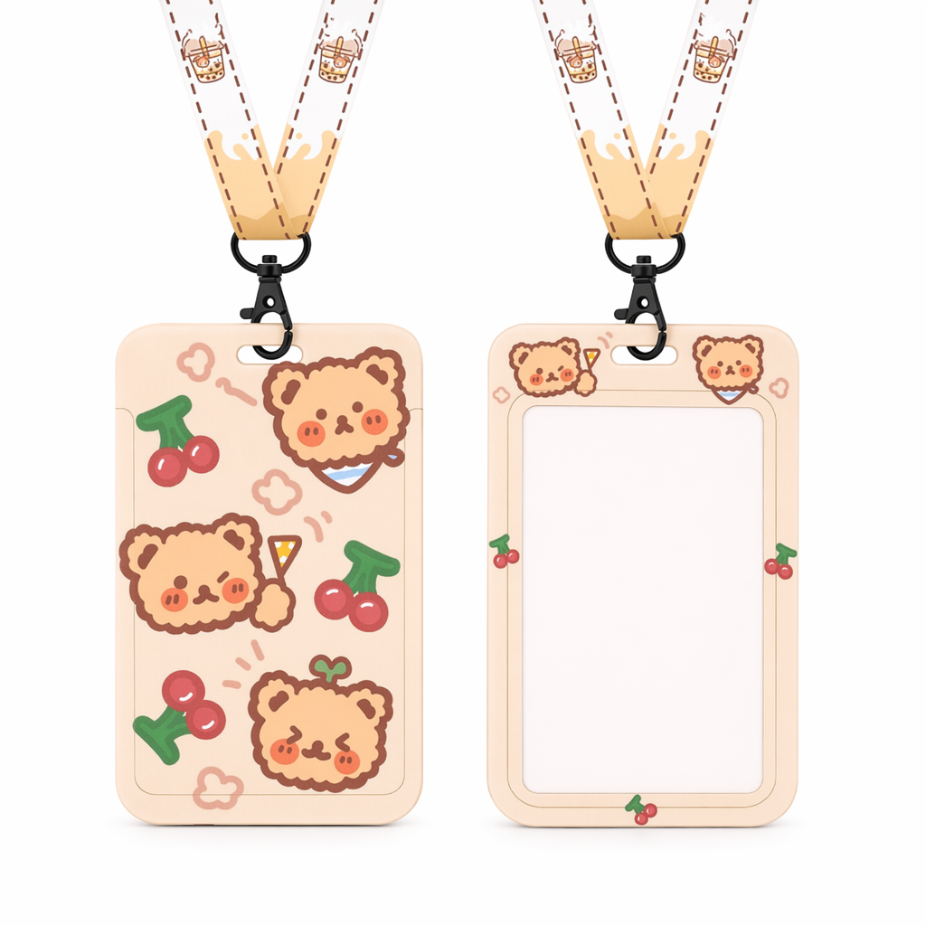 Cute Bear Design Card Holder with Lanyard Red