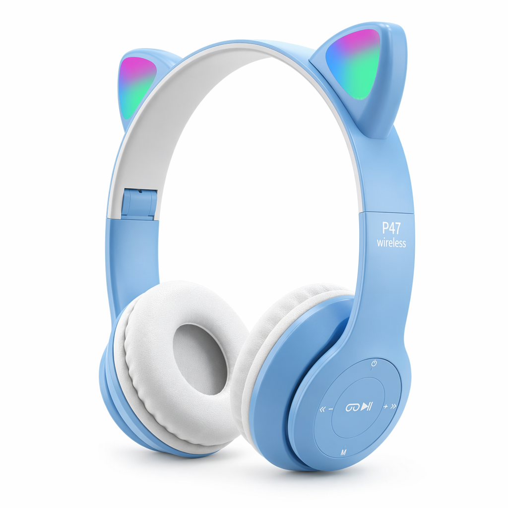 LED Bluetooth Headphones with Cat Ear Design Blue