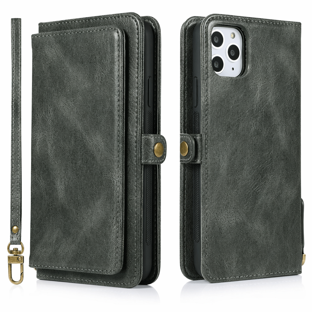 Vegan Magnetic Card Holder Wallet Case with Strap for iPhone 11 to 15, made from Synthetic Leather Green