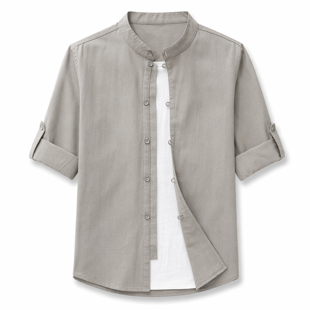 Quarter Sleeve Men's Shirt with Stand Collar: A Clear Definition of Style Gray