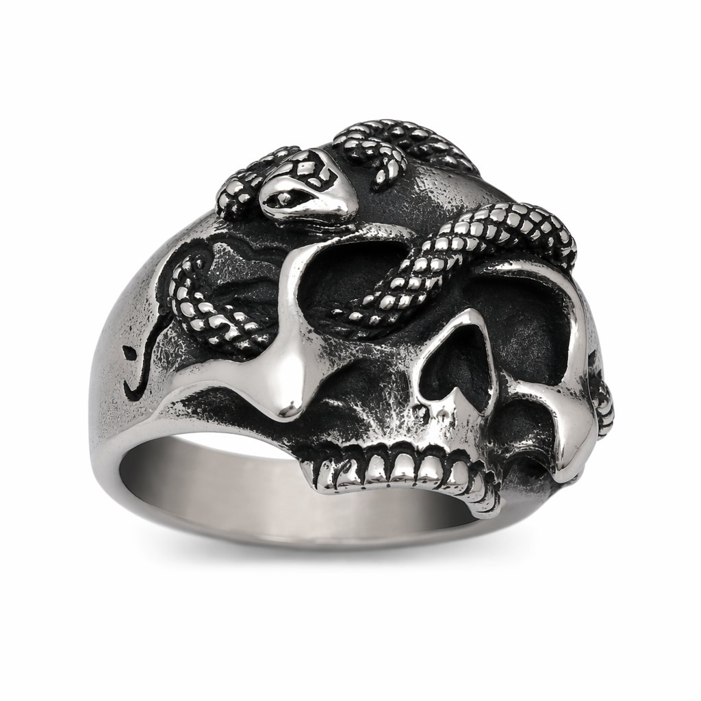 Snake-Embellished Skull Ring Default