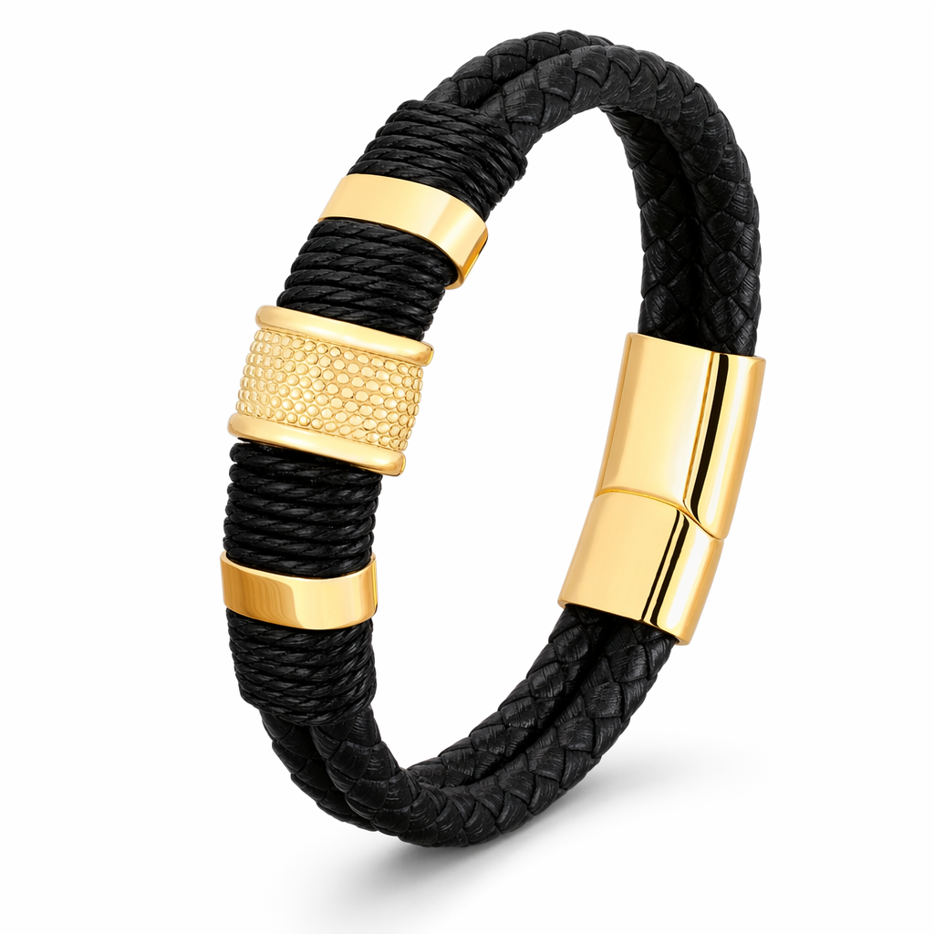 Stainless Steel Accented Vegan Leather Wristband Gold