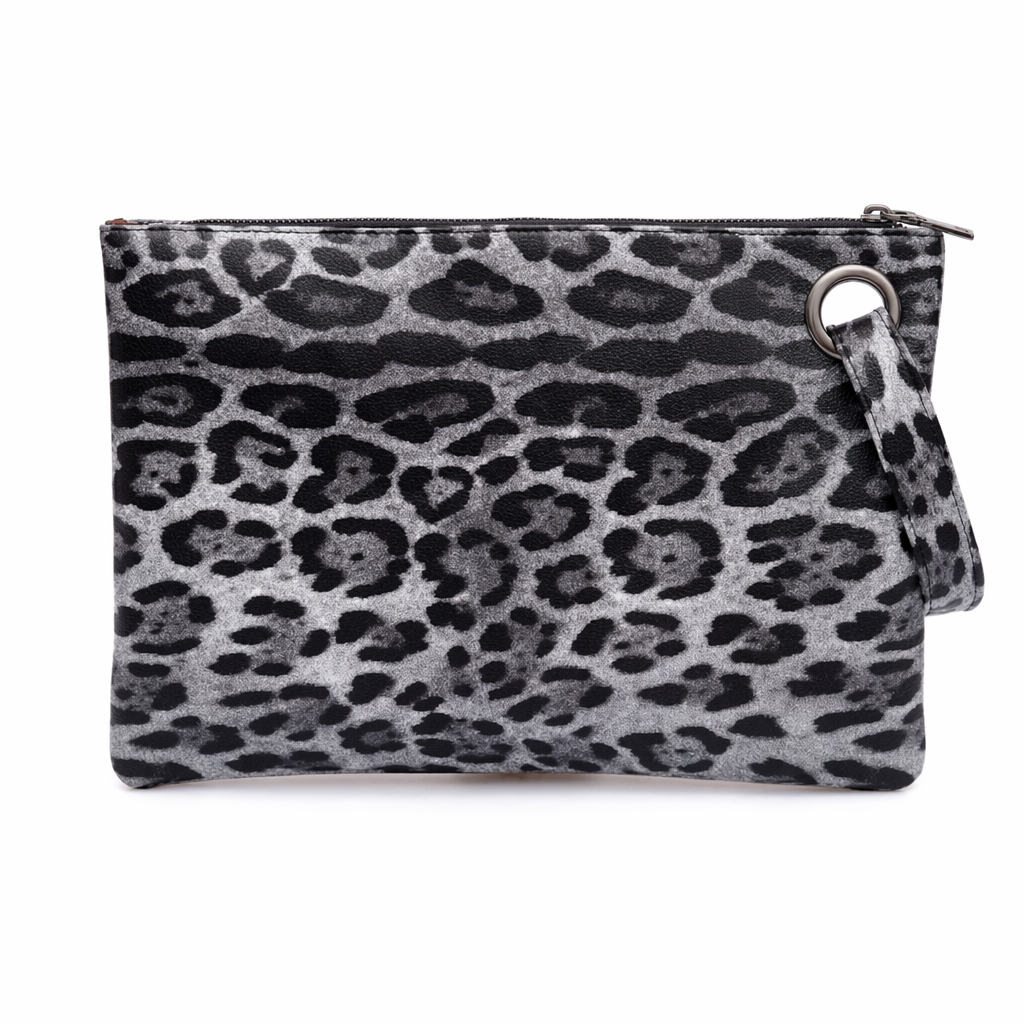 Leopard Pattern Faux Leather Women's Envelope Clutch Gray