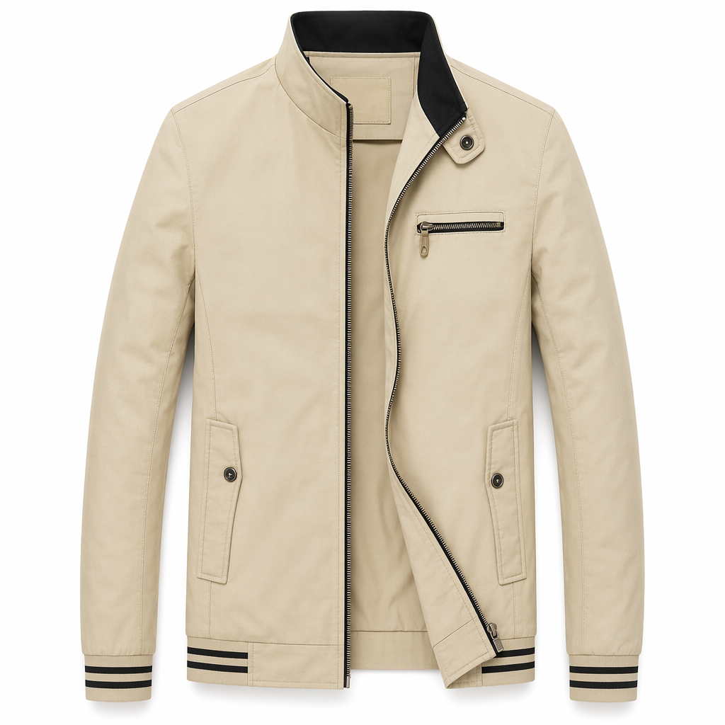 Zippered Jacket with Stand Collar for Men Beige