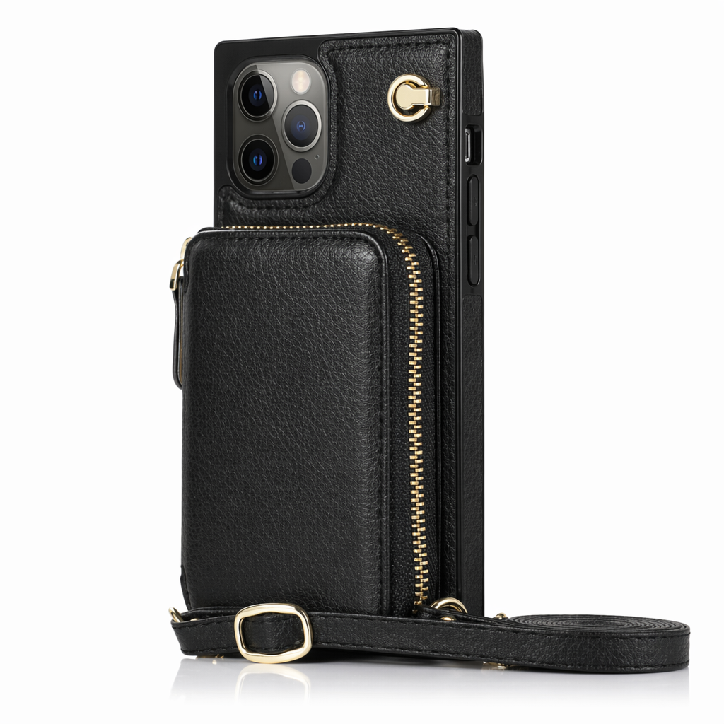 Adjustable Crossbody Strap Zippered Wallet Case for iPhone - Ensuring Clarity and Distinction from the Original Product Black