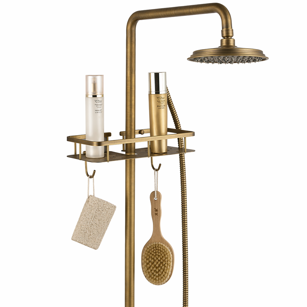 Antique Brass Shower System with Dual Handles and Wall Storage Bracket Default