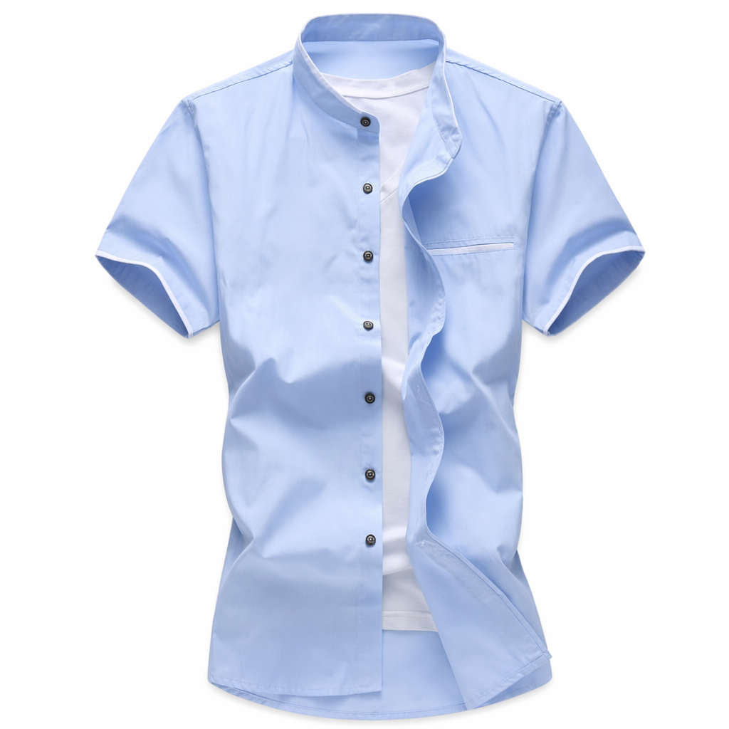 Light Blue Men's Shirt with Stand Collar and Pocket Accents Default