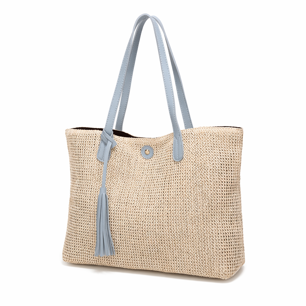 Vegan Leather Accented Tote Bag with Tassel Blue