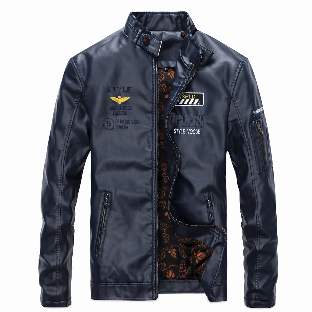 Vegan Leather Pilot Jacket with Stand Collar for Men Navy