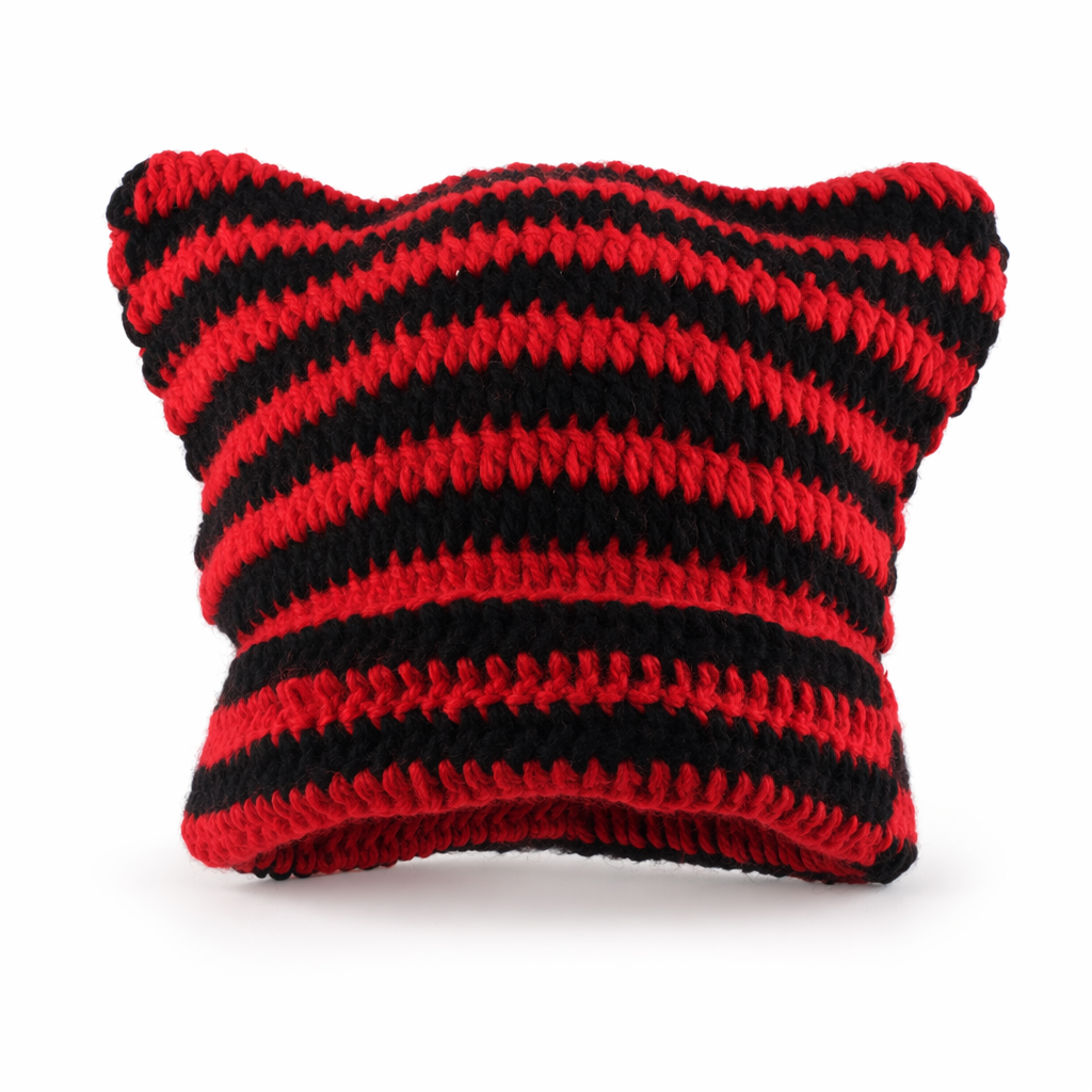 Striped Knitted Beanie for Adults red black handmade