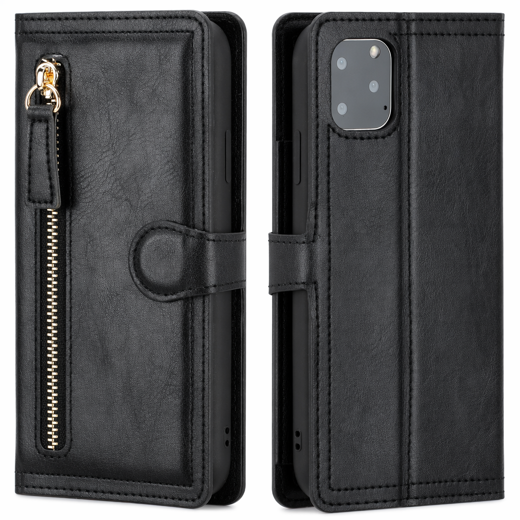 Wireless Charging Compatible Flip Case with Zippered Wallet for iPhone X to 14 Series Black