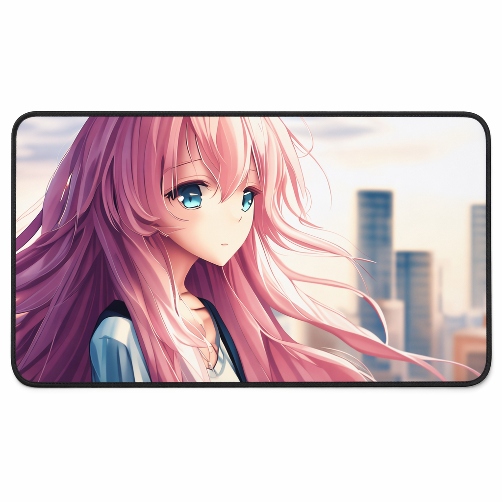 Large Pink Mouse Pad featuring an Anime Girl with Colorful Hair Default