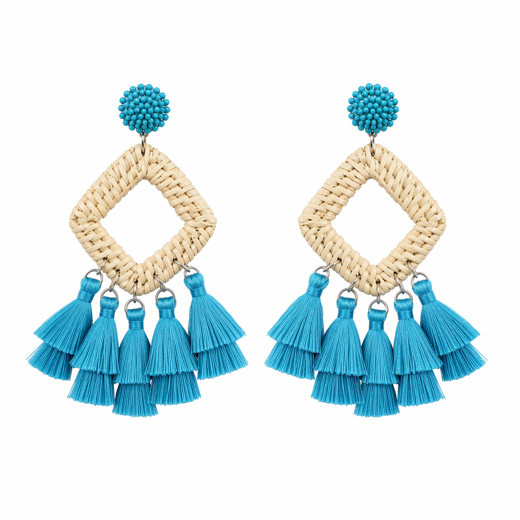 Tassel Rattan Dangle Earrings Blue