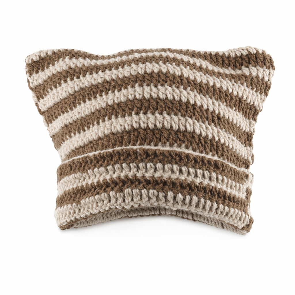 Striped Knitted Beanie for Adults beige brown handmade