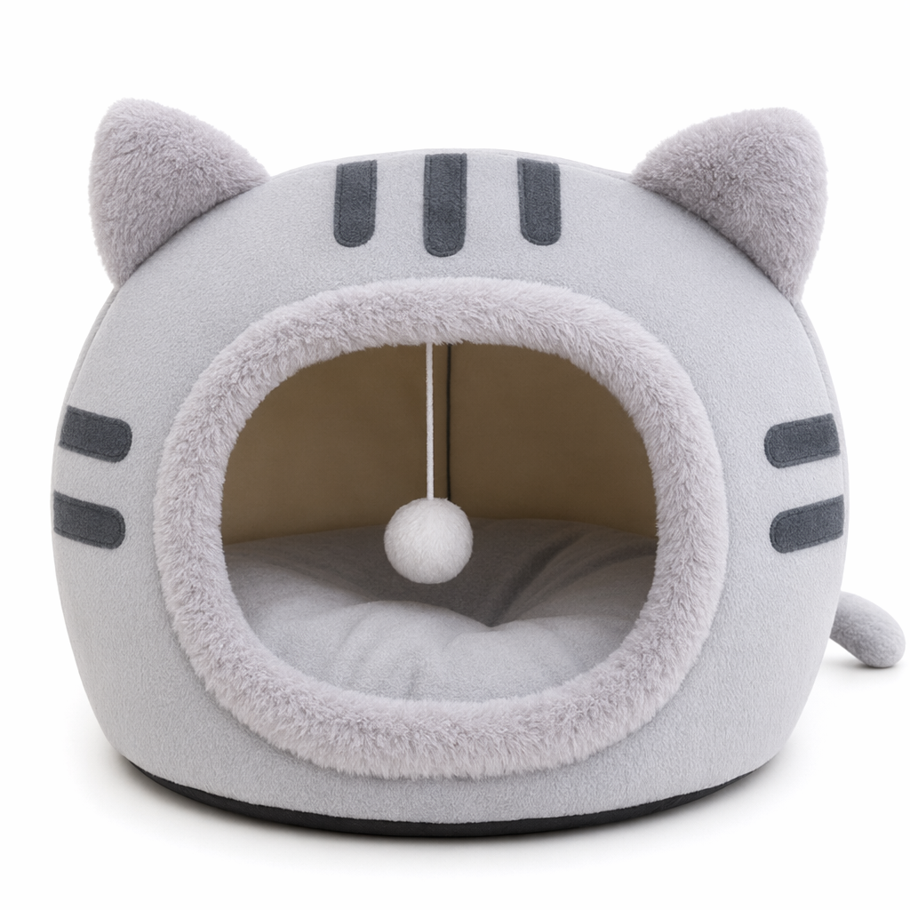 Cute Feline Head Pet Bed Gray