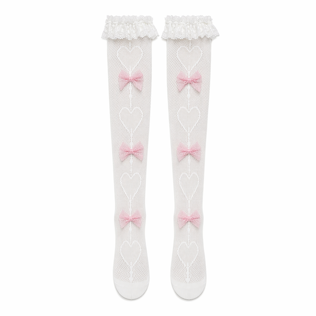 White Heart Bow Fishnet Knee High Socks Default
