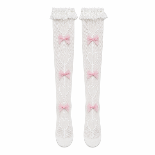 White Heart Bow Fishnet Knee High Socks Default