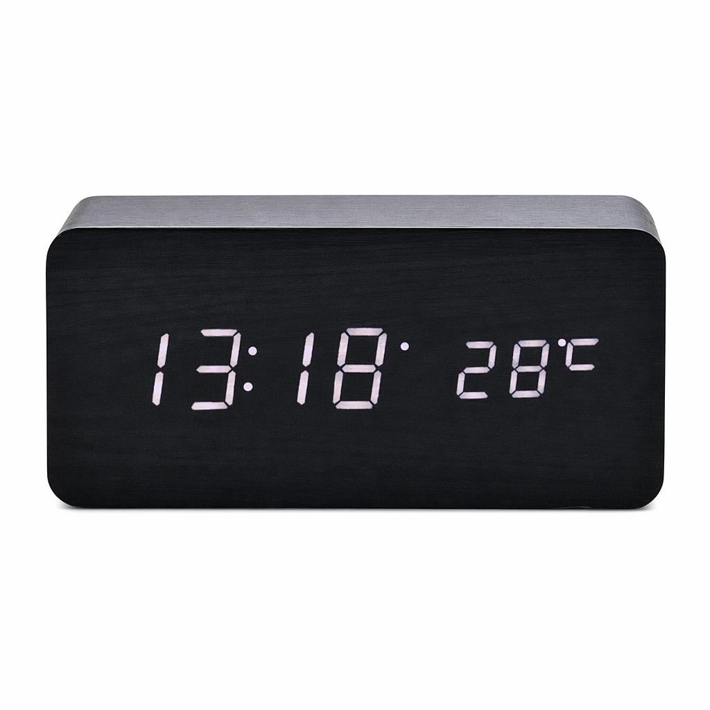 Wooden LED Digital Clock with Temperature Indicator Black with White