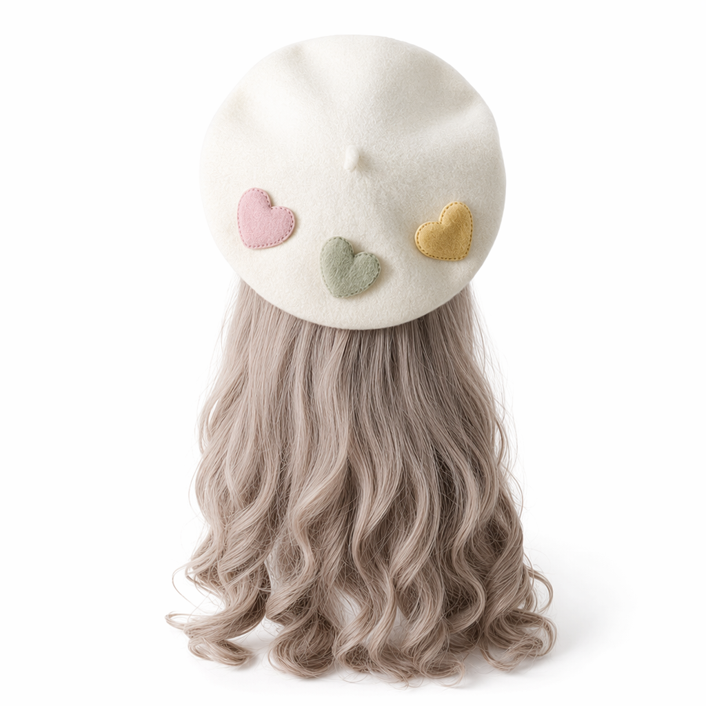 Heart-Patterned Kawaii Beret Hat Off-White