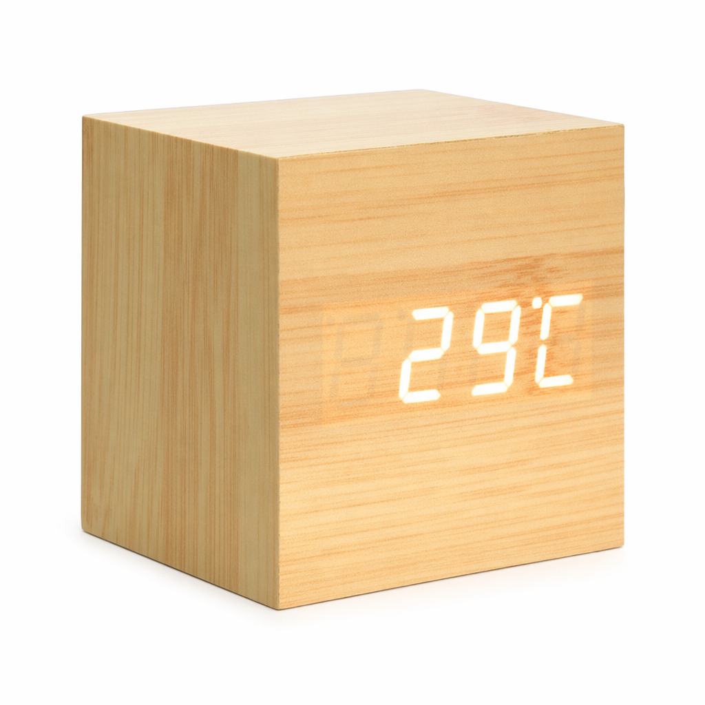 Digital Alarm Clock with LED Wooden Thermometer Display Yellow