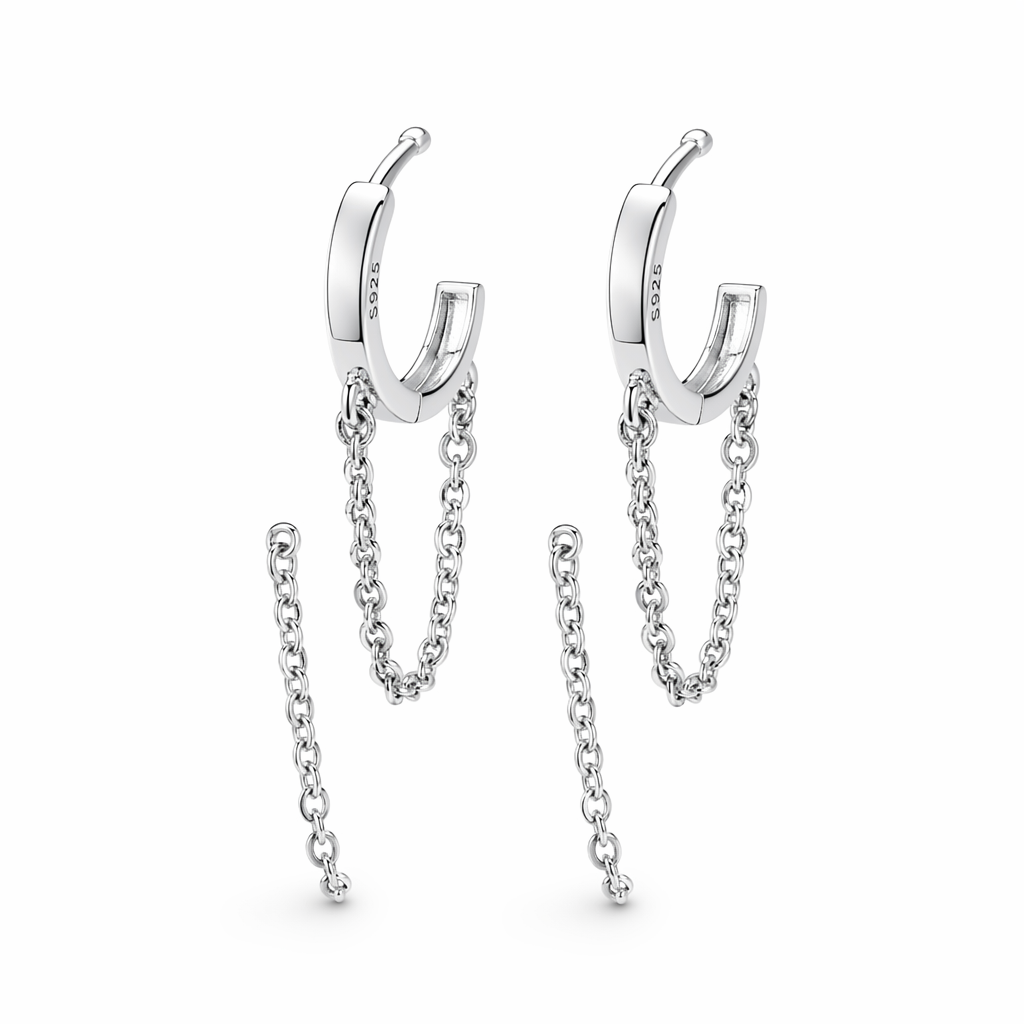 Fashion Earrings with Dual Hoops and Tassels Silver