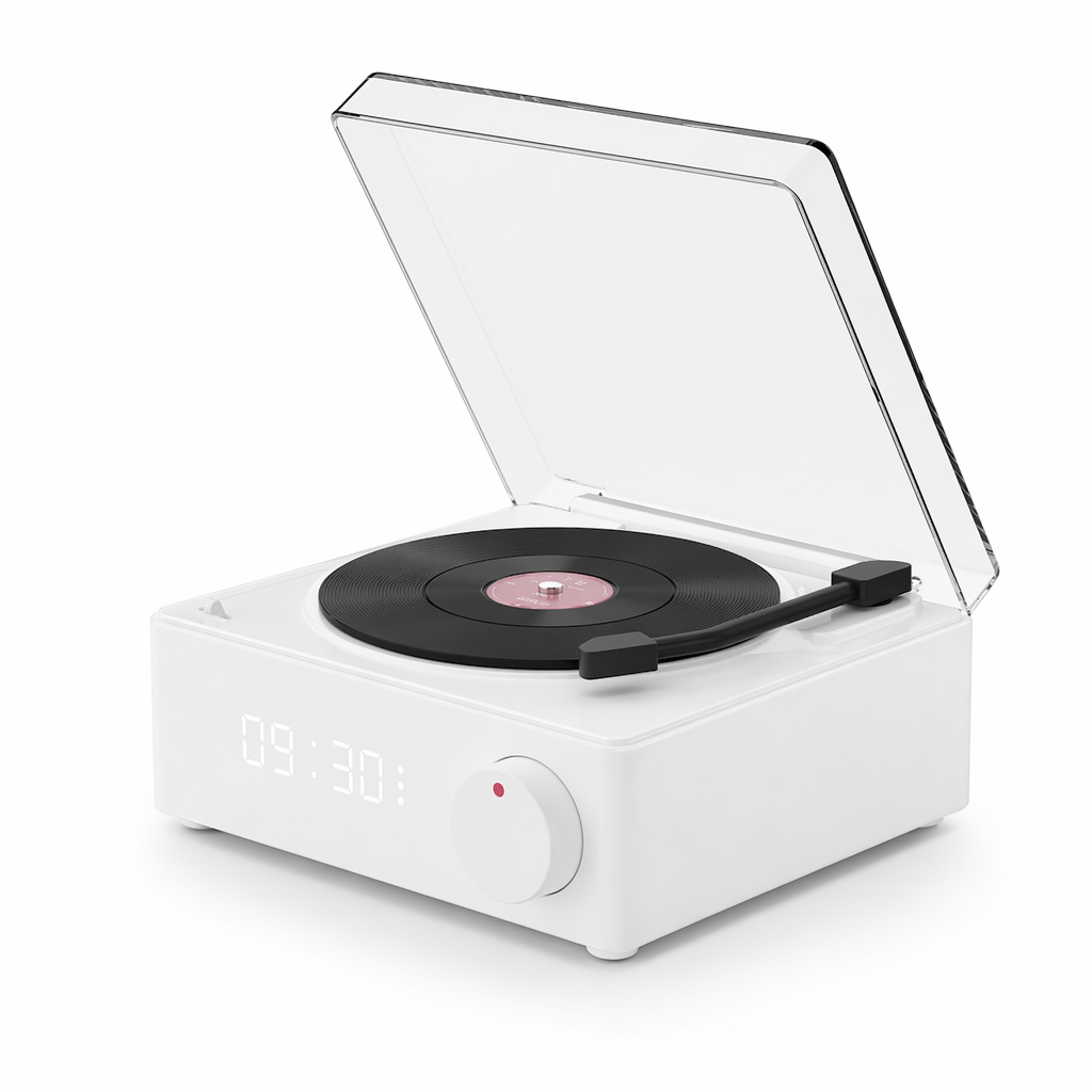 Retro Bluetooth Turntable Speaker with Alarm Clock Functionality White