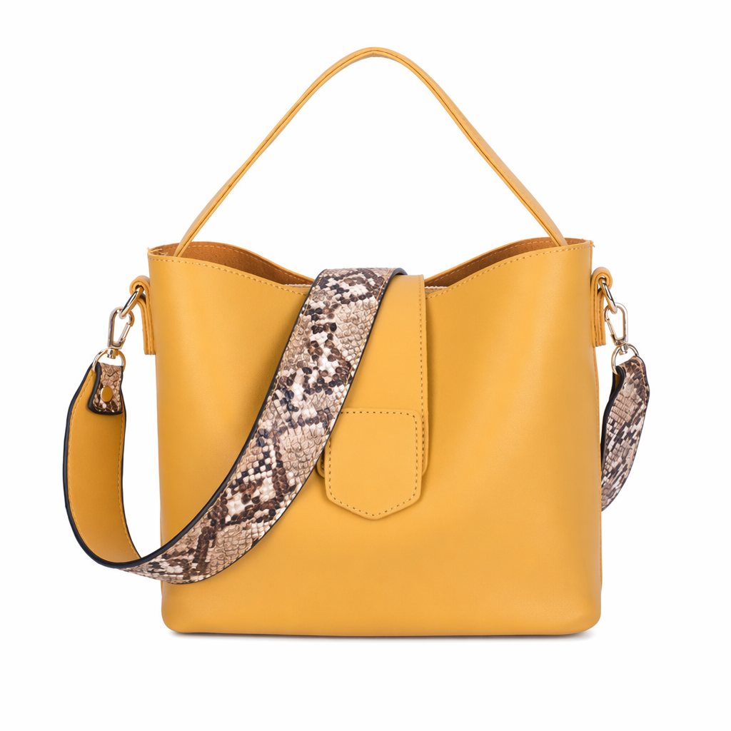 Bucket Bag with Wide Shoulder Strap for Women made of Vegan Leather Yellow