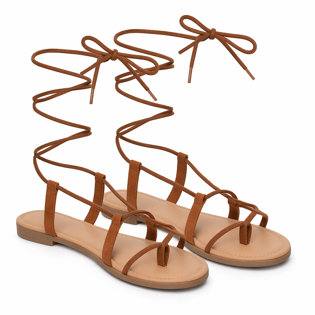 Roman Style Women's Strappy Sandals with Laces Beige