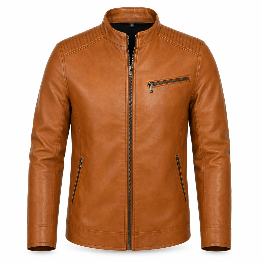 Motorcycle Vegan Leather Jacket with Stand Collar for Men Tan