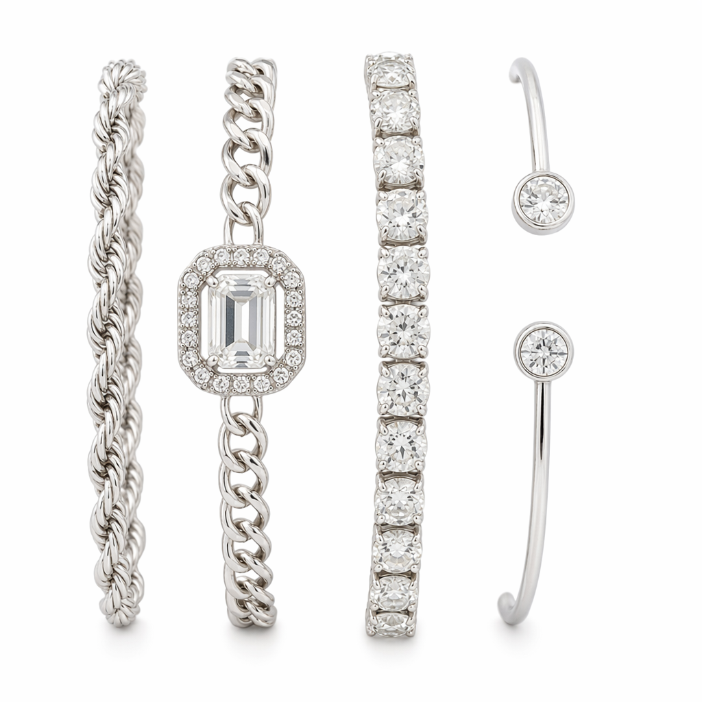 Polished 4 Piece Link Bracelet Collection with Adjustable Clasps Silver