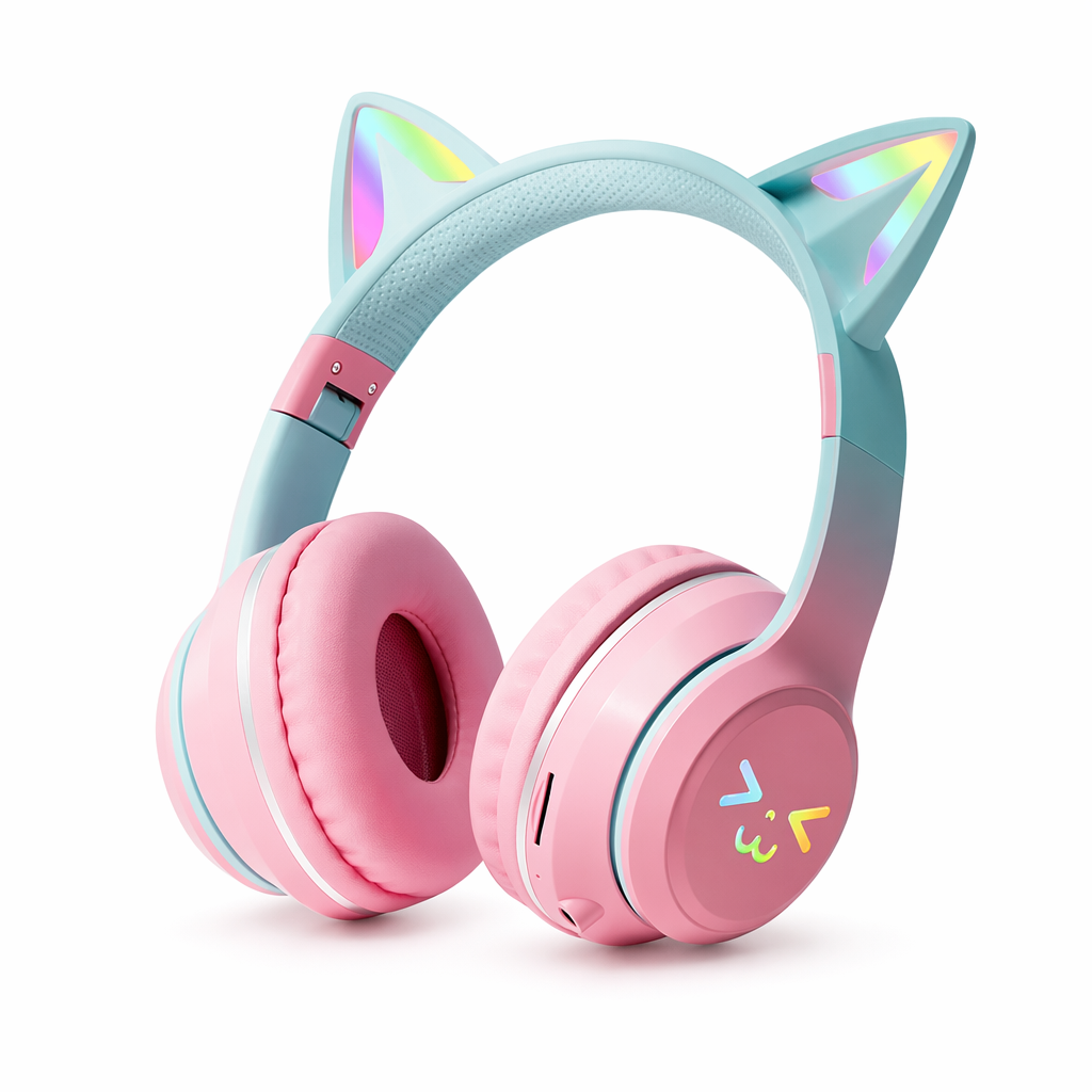 RGB Foldable Bluetooth Headphones with Cat Ear Design Pink