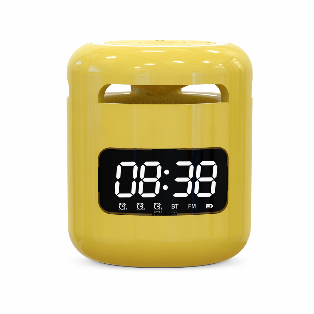 Compact Wireless Speaker with Built-in FM Radio and Alarm Clock Yellow