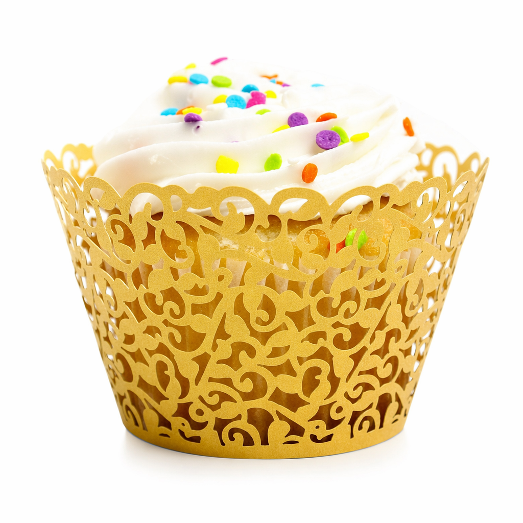100-piece set of Delicate Vine Laser Cut Cupcake Wrappers Gold