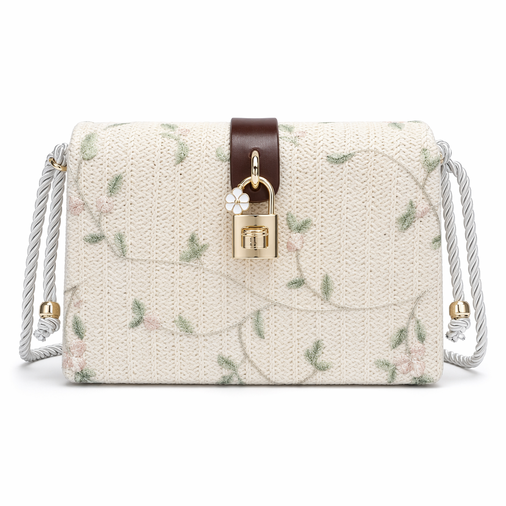 Straw Shoulder Bag with Floral Print Beige
