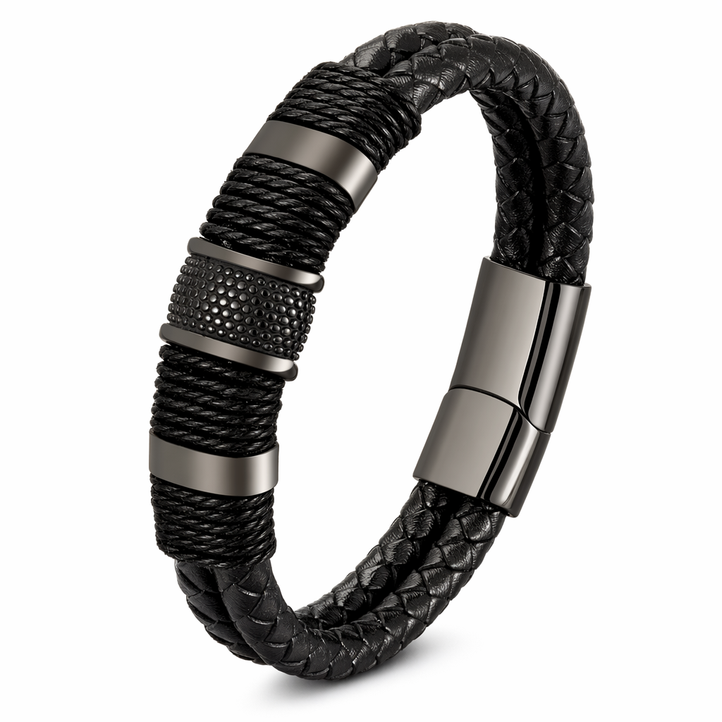 Stainless Steel Accented Vegan Leather Wristband Black