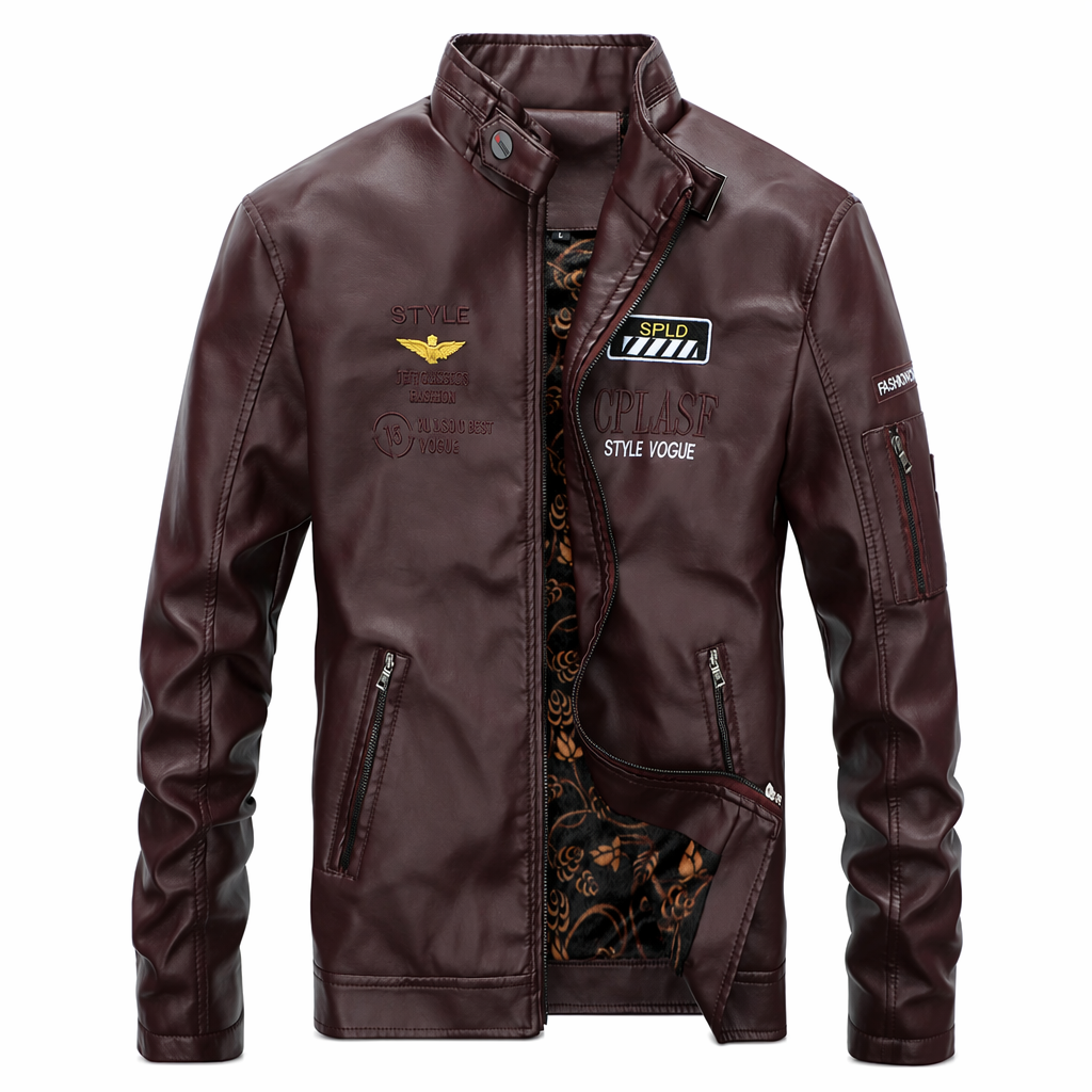 Vegan Leather Pilot Jacket with Stand Collar for Men Brown