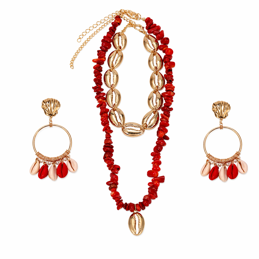 Layered Seashell Necklace and Earrings Set Red