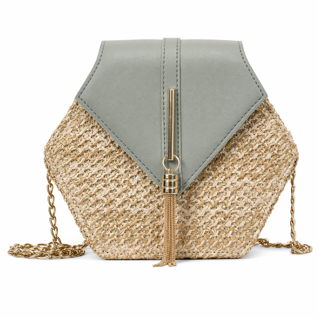 Vegan Leather Covered Mini Straw Handbag Green