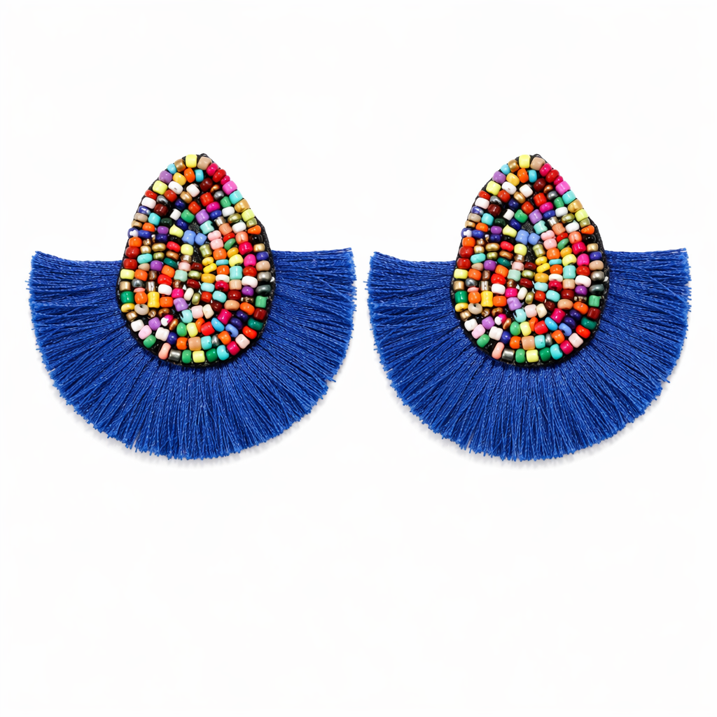 Vibrant Tasseled Waterdrop Earrings with Beaded Accents Blue
