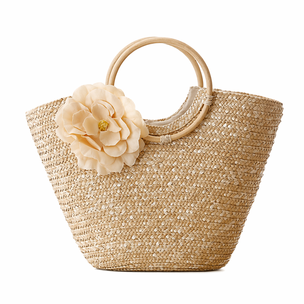 Coseey Floral Woven Straw Tote Bag Beige