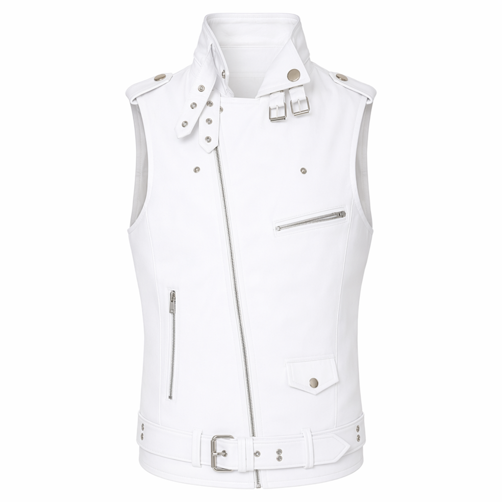 Vegan Leather Motorcycle Waistcoat for Men White