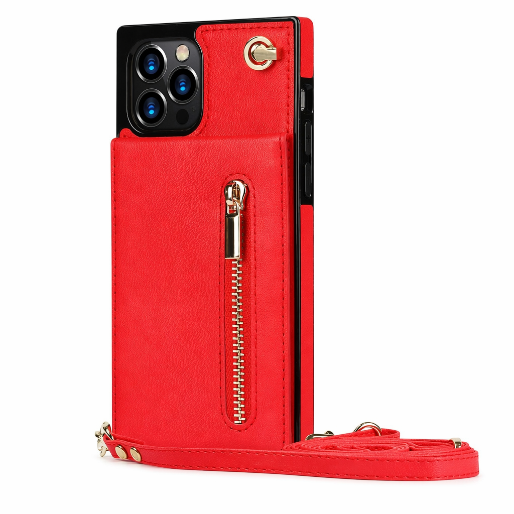 Crossbody Strap Slim Wallet Case for iPhone Series with Zipper Closure Red