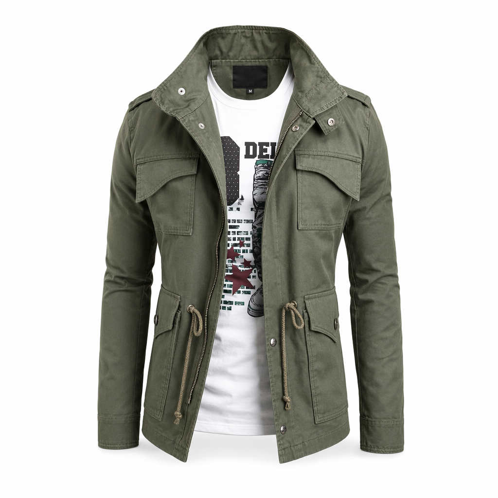 Green Short Parka with Stand-Up Collar for Men Default