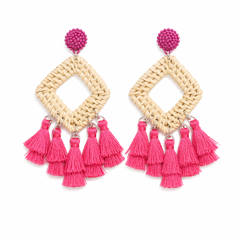 Tassel Rattan Dangle Earrings Pink