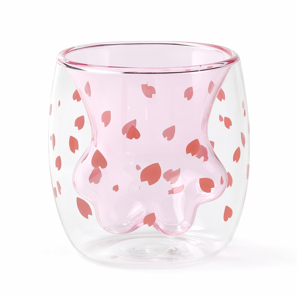 Cute Cat Paw Double Wall Glass Mug Pink