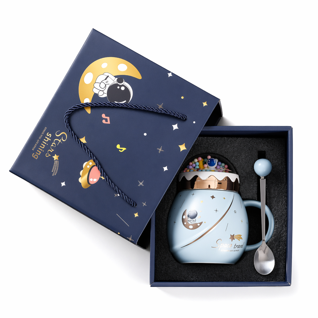 Cartoon Space Theme 3D Mug with Lid Light blue
