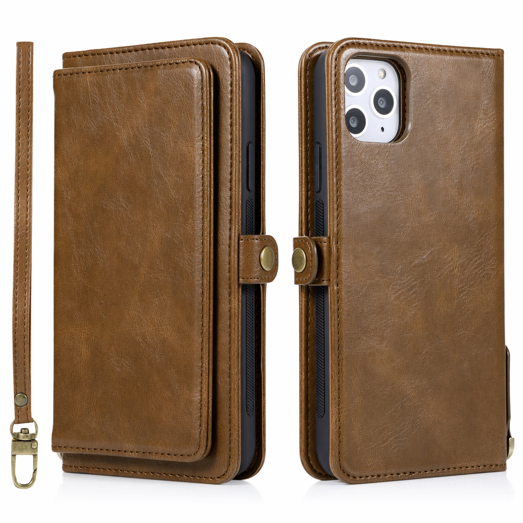 Vegan Magnetic Card Holder Wallet Case with Strap for iPhone 11 to 15, made from Synthetic Leather Brown